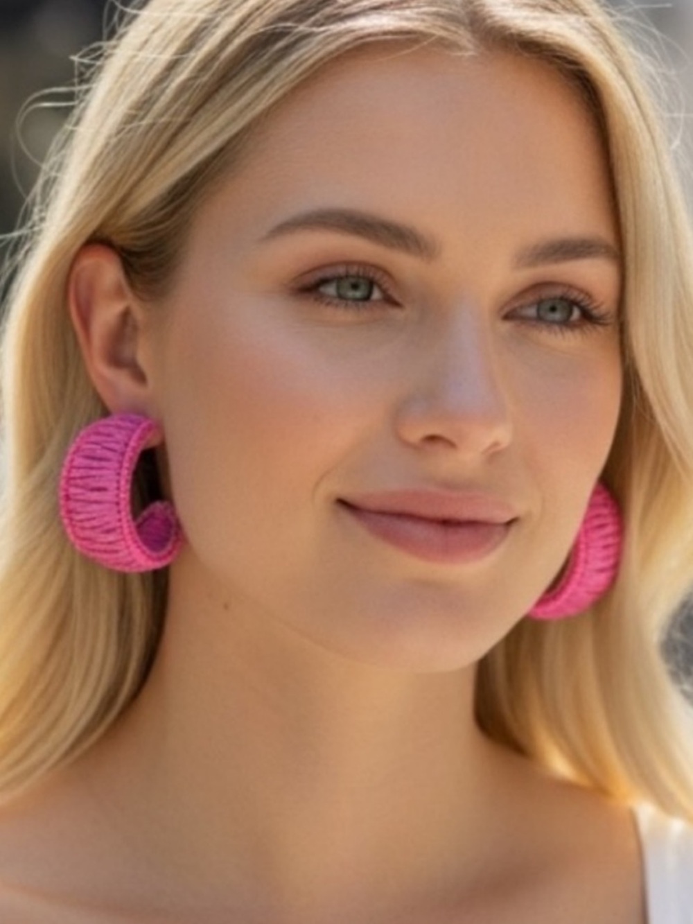 On 34th Seed Bead & Raffia C-Hoop Earrings in Pink
